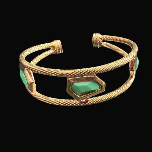 Gold Twisted Cable Cuff Bracelet with Green Stones