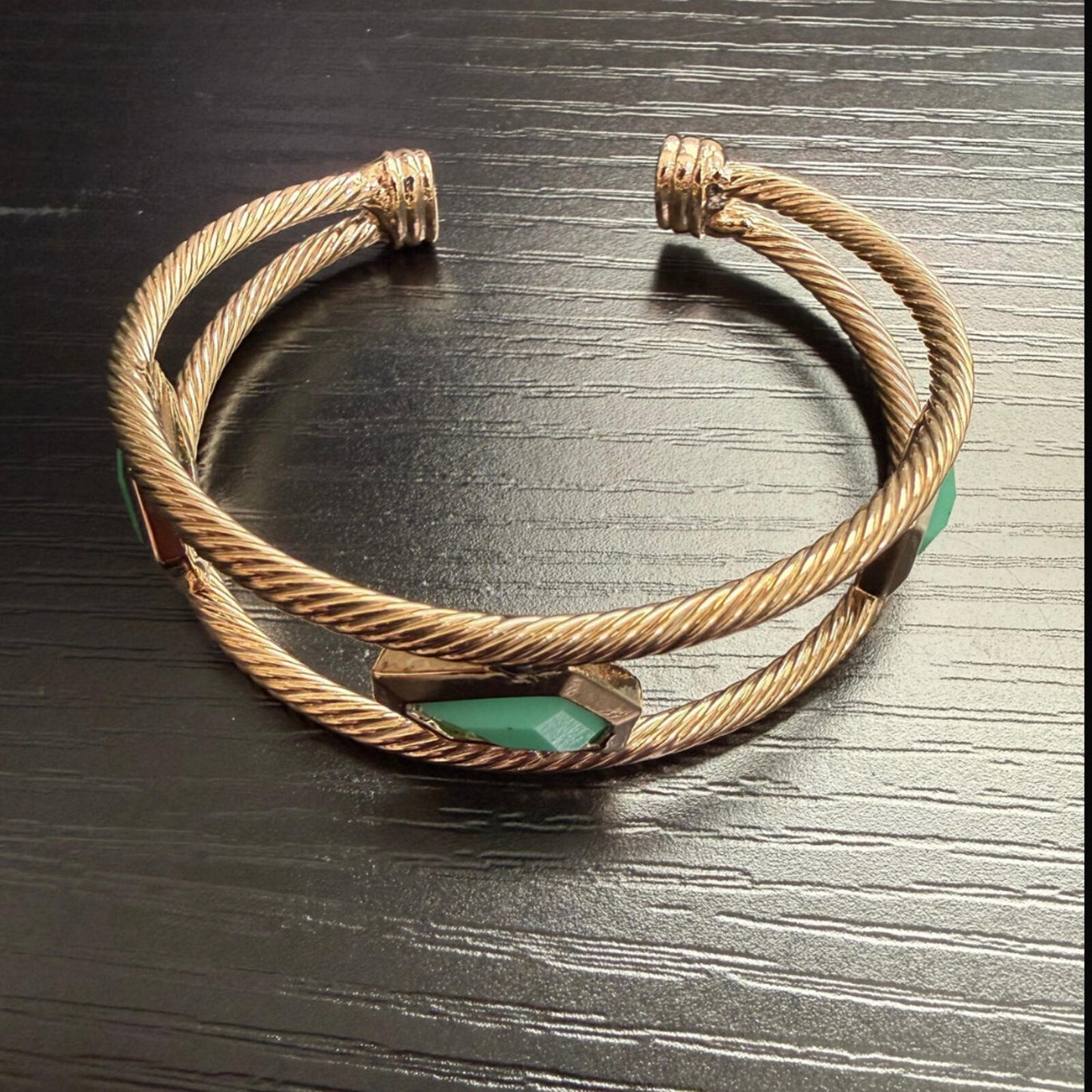 Gold Twisted Cable Cuff Bracelet with Green Stones