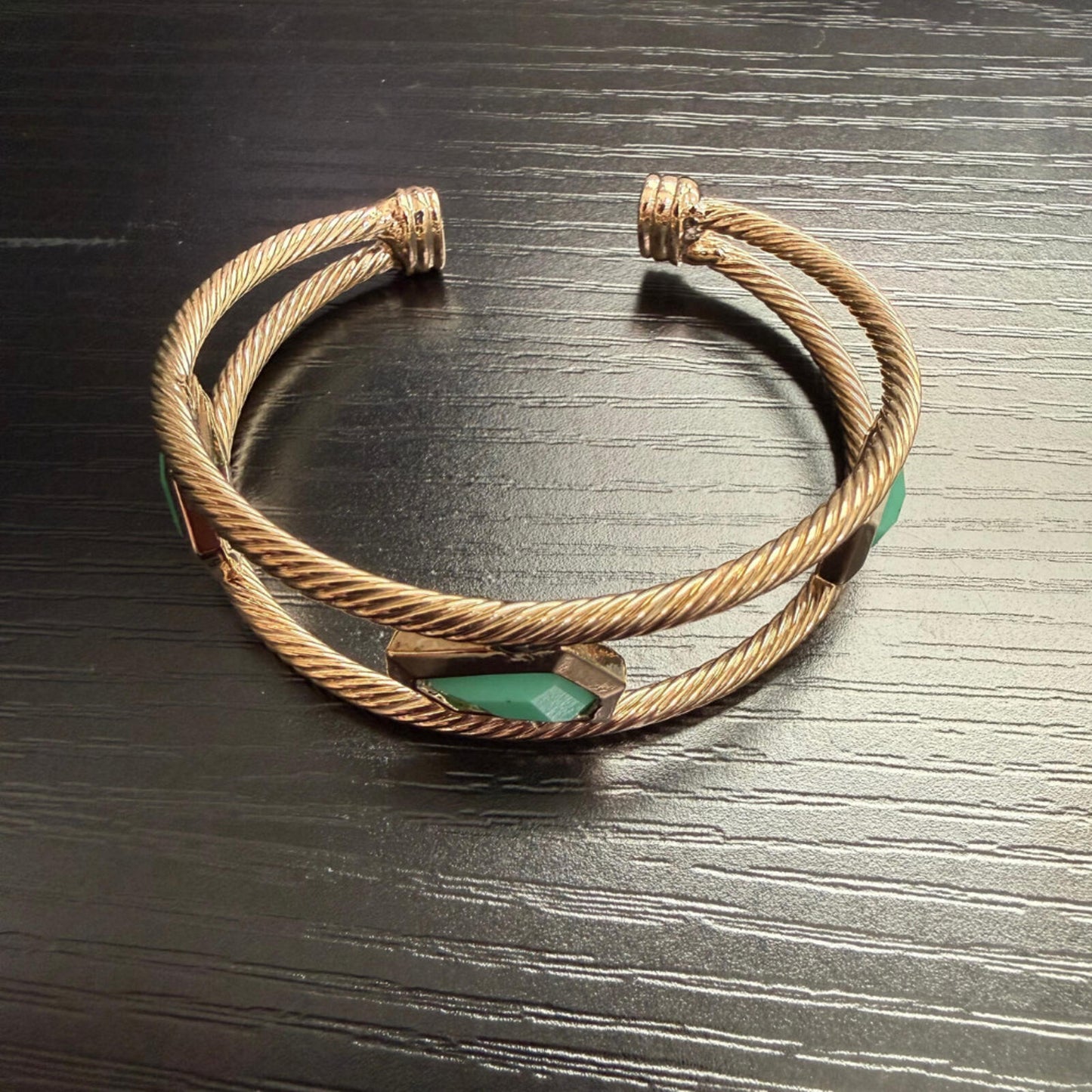 Gold Twisted Cable Cuff Bracelet with Green Stones